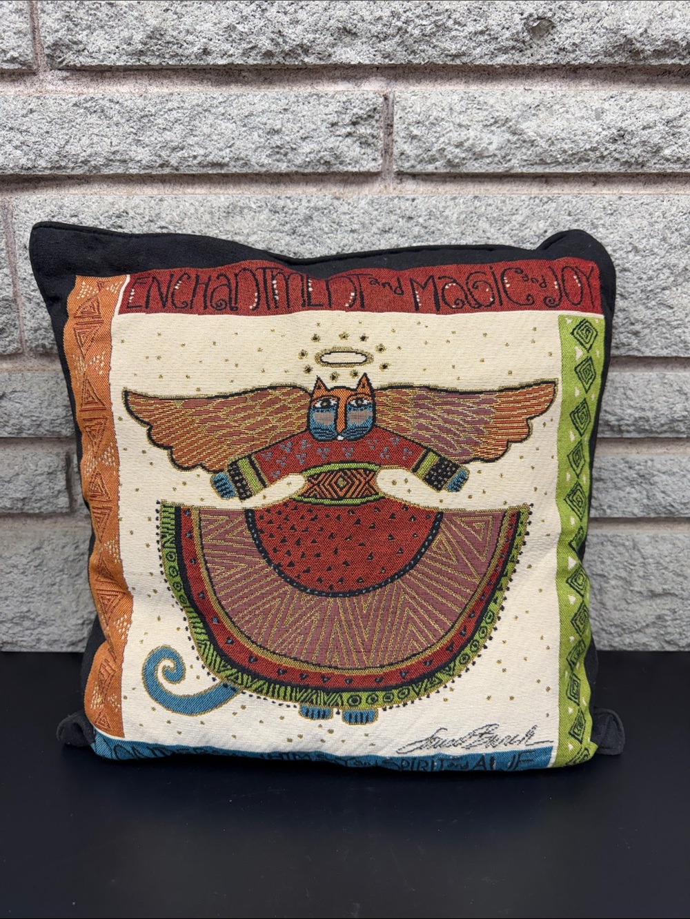 Vintage Laurel Burch Angel Cat Tapestry Throw Pillow